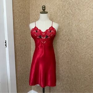 VTG 80s 90s Bright Red Satin Lace Floral Low Back Lingerie Slip Dress